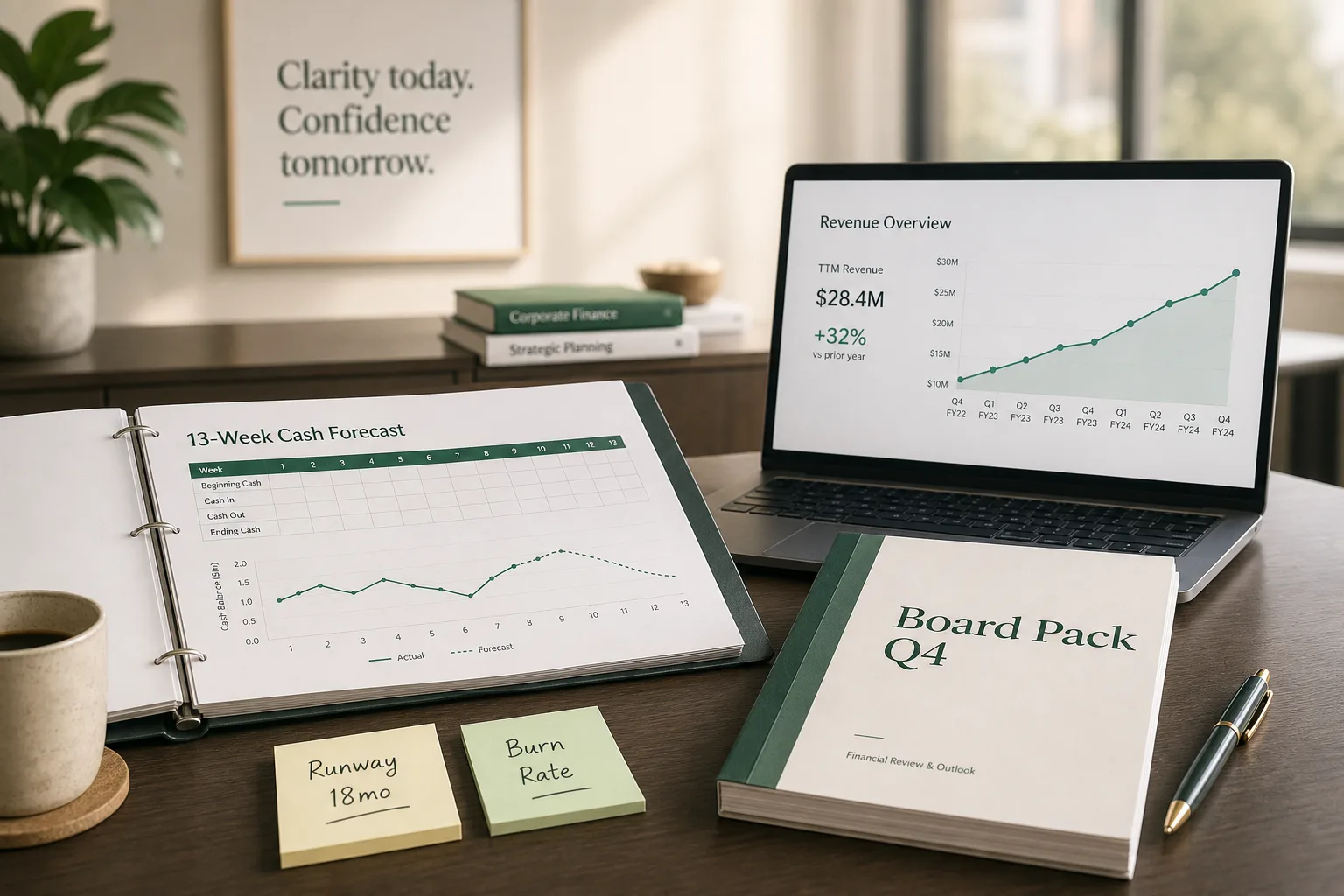 CFO desk with 13-week cash forecast, board pack, and runway chart