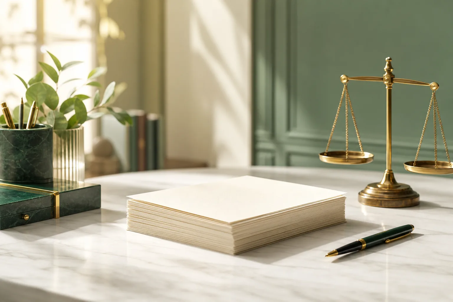 Legal desk with stacked contract pages, ink pen, and scales of justice paperweight