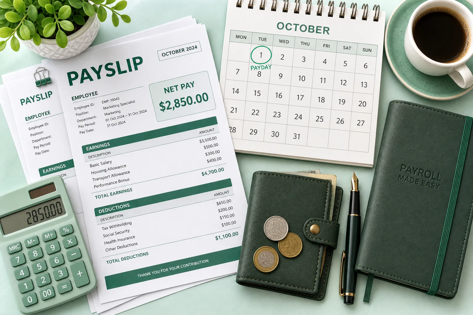 Payroll desk with payslips and payday calendar