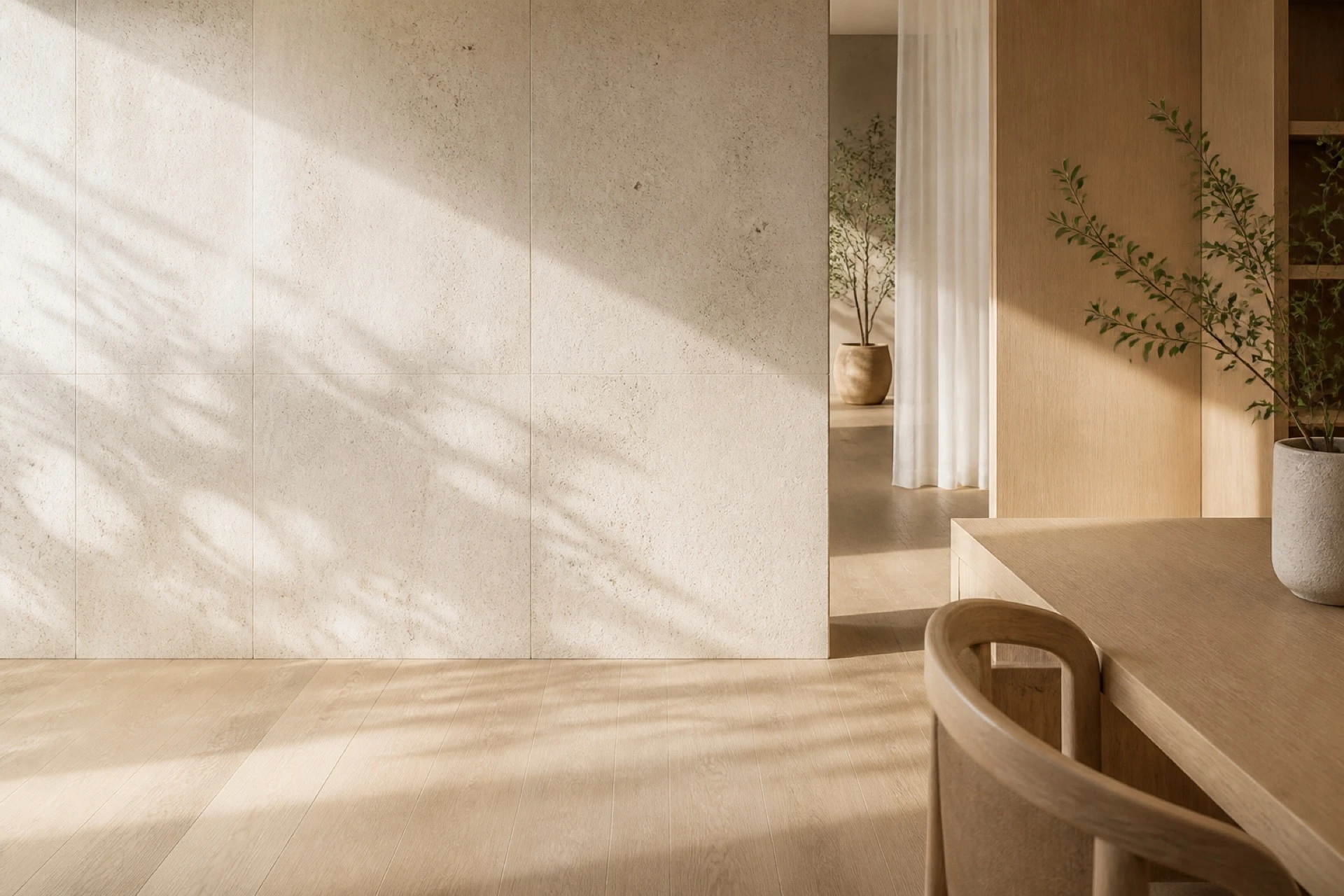 Sunlit travertine and oak interior of a quiet Bangkok founding office