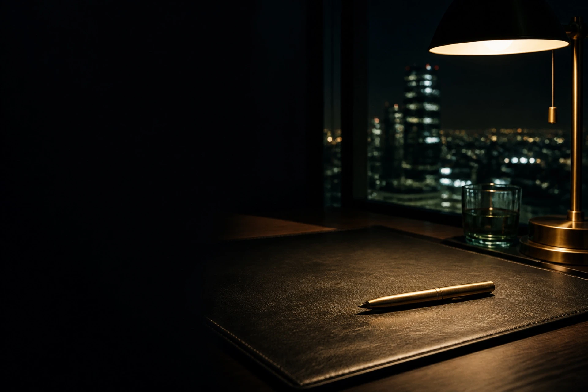 Dark executive desk with brass lamp and pen in a Bangkok office at night